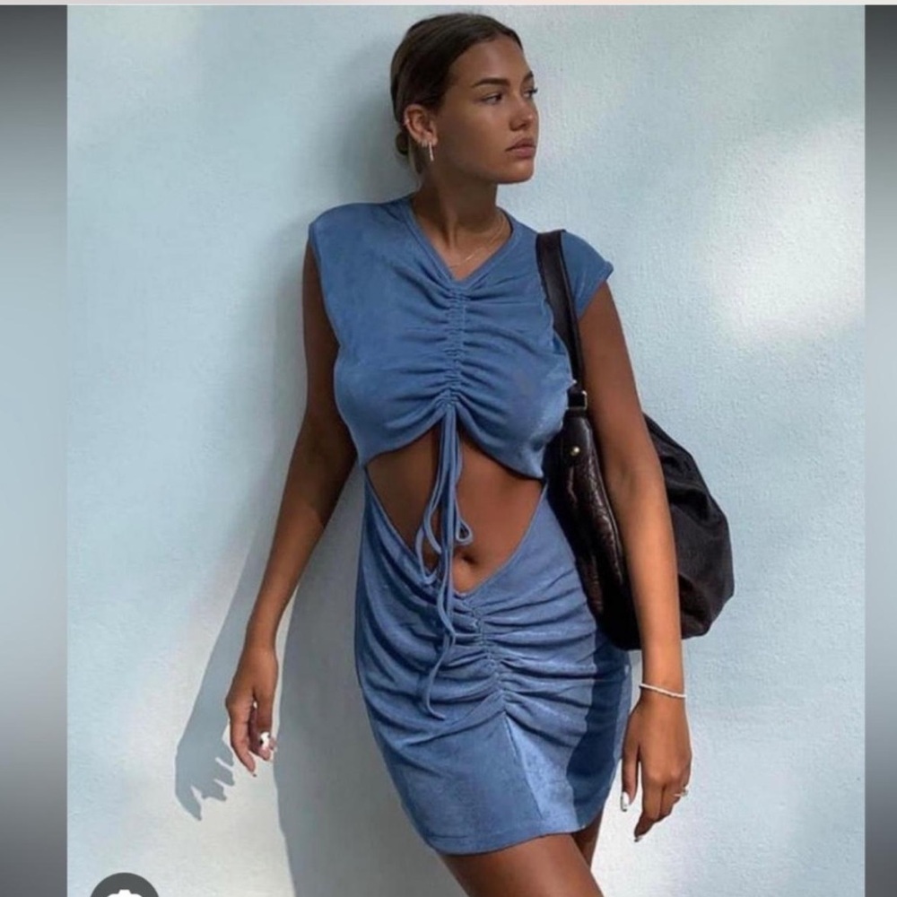 Blue Ruched Cutout Dress